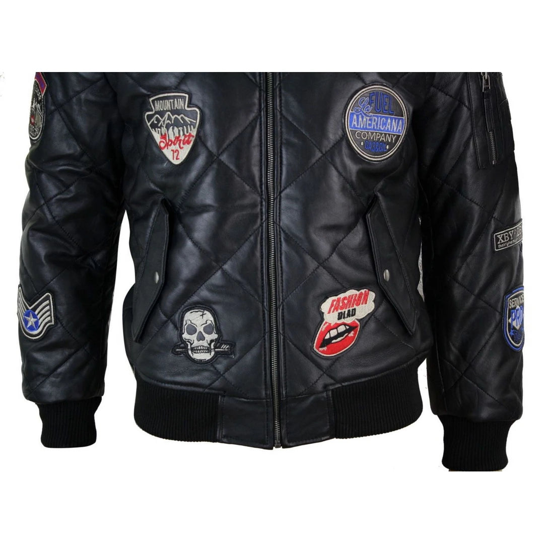 Mens Real Lether Quilted Puffer Varsity Baseball Bomber Letterman Jacket Badge-TruClothing