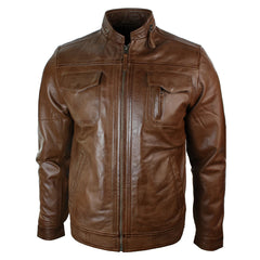 Mens Short Zipped Casual Wine Burgundy Real Leather Retro Biker Jacket Washed Vintage-TruClothing