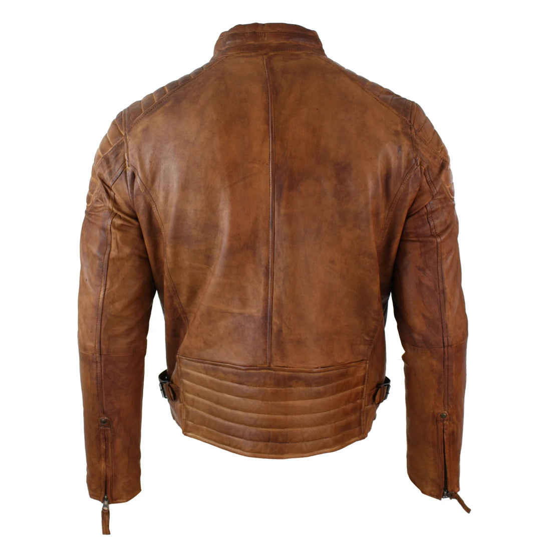 Mens Slim Fit Retro Style Zipped Biker Jacket Real Washed Leather Tan Brown Blue Urban-TruClothing