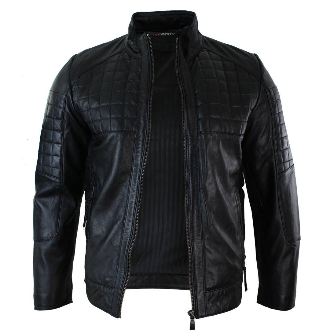 Mens Tailored Fit Real Leather Stitch Designer Real Leather Zipped Biker Jacket-TruClothing