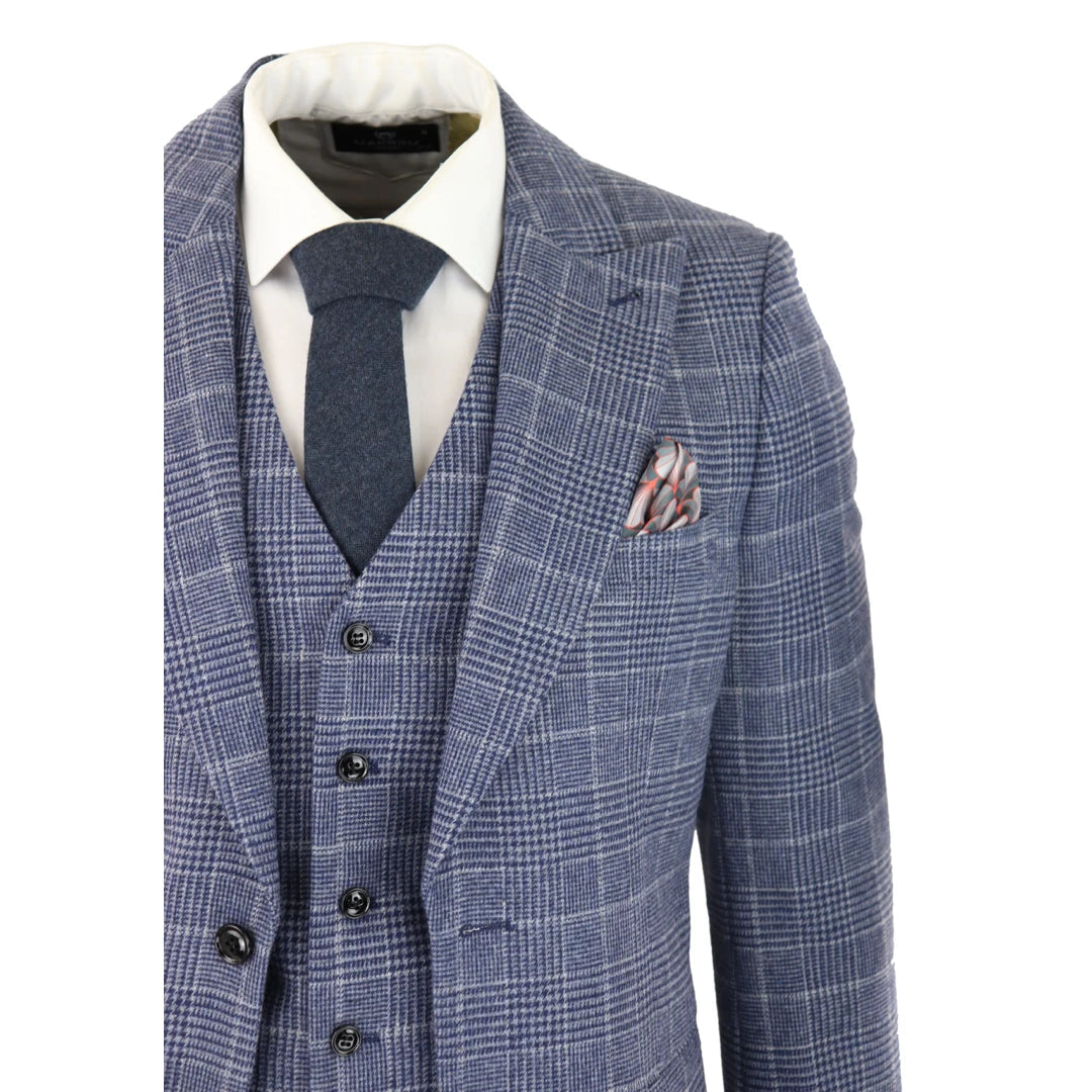 Mens Tweed Wool Check Suit 3 Piece Vintage Classic Blue Grey Tailored Fit-TruClothing