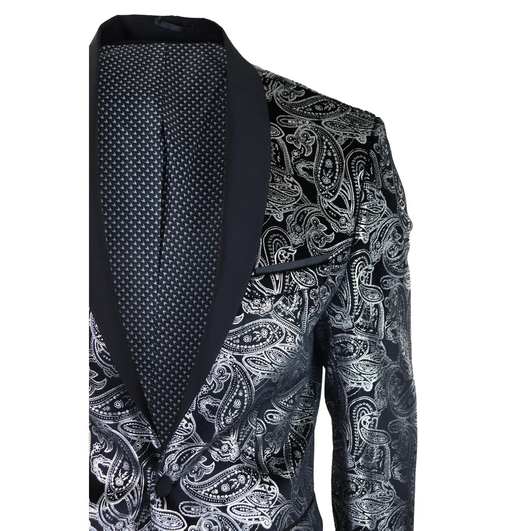 Mens Velvet Paisley Floral Blazer Black Gold Silver Tuxedo Jacket Dinner Suit Tux-TruClothing