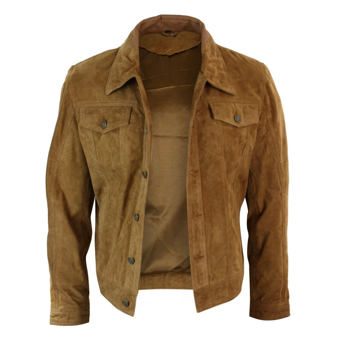 Mens Vintage Short Denim Style Retro Real Suede Leather Jean Jacket Casual-TruClothing