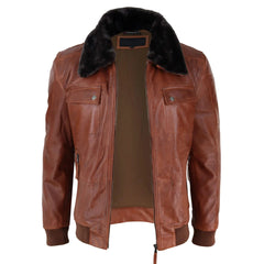 Mens Washed Rust Tan Brown Removable Fur Collar Pilot Leather Jacket Slim Fit-TruClothing