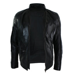Mens Zipped Biker Style Smart Casual Real Leather Jacket Black Brown Olive Urban-TruClothing