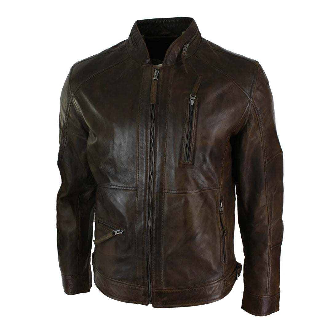 Mens Zipped Biker Style Smart Casual Real Leather Jacket Black Brown Olive Urban-TruClothing