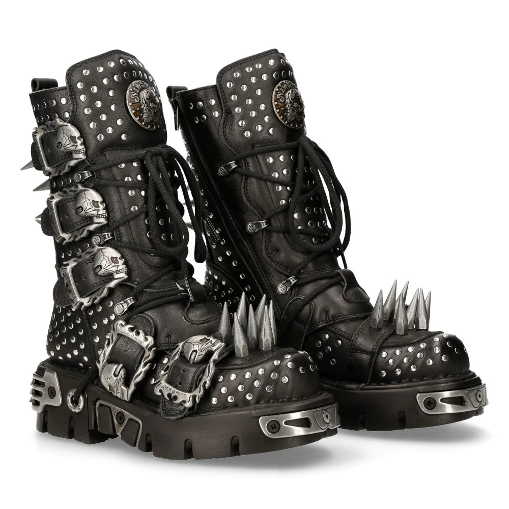 New Rock 1535-S1 Black Leather Military High Boots Metal Spikes