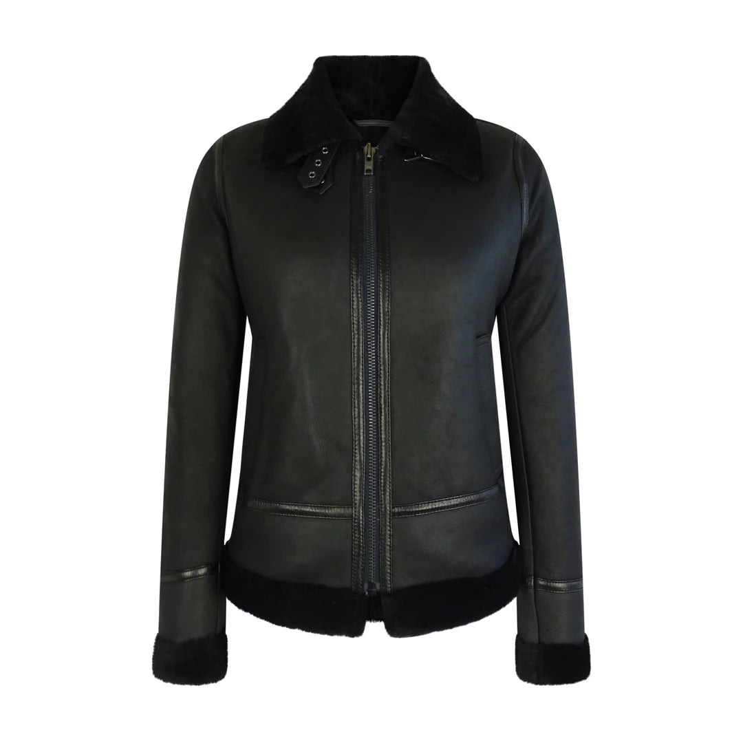 Women Classic Black Sheepskin Zip Jacket B3 Pilot Infinity