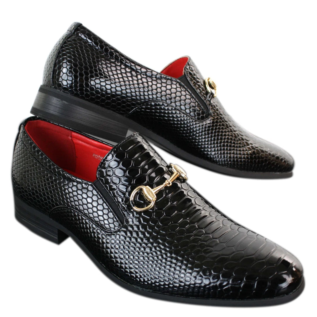 Patron 80058 Mens Black Patent Shiny Slip On PU Snake Crocodile Leather Shoes Gold Buckle-TruClothing