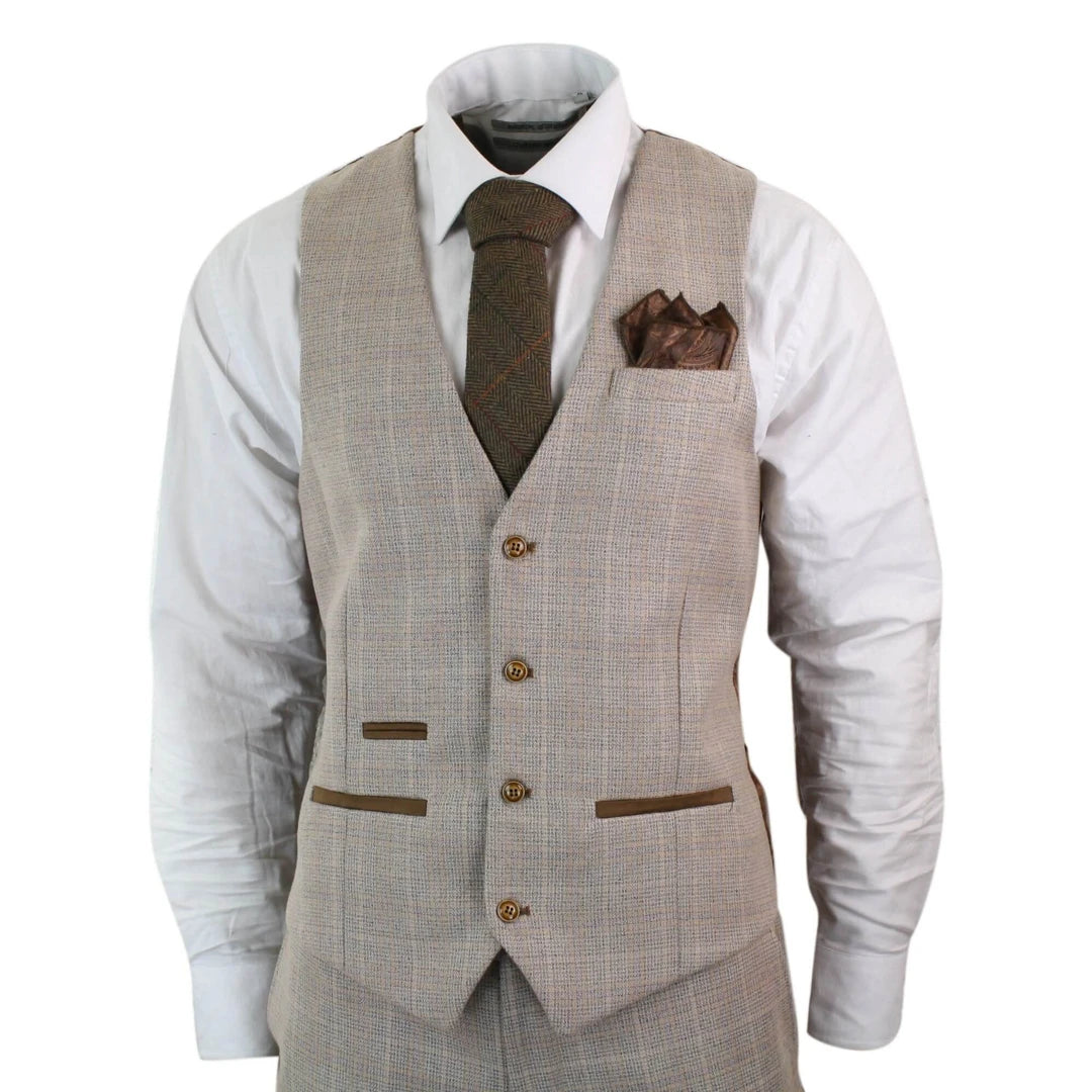 Paul Andrew Holland - Mens Check Tweed Beige Brown 3 Piece Suit Wedding Prom Vintage Retro Classic-TruClothing