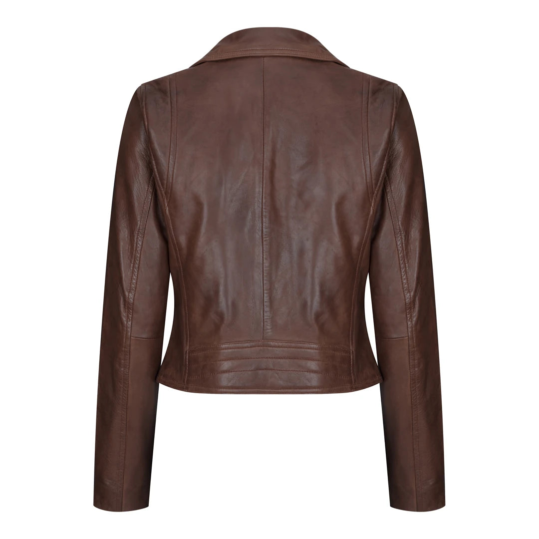 Womens Real Leather Biker Jacket Cross Zip Soft Slim Fit Brando Tan Brown Black Red Yellow-TruClothing