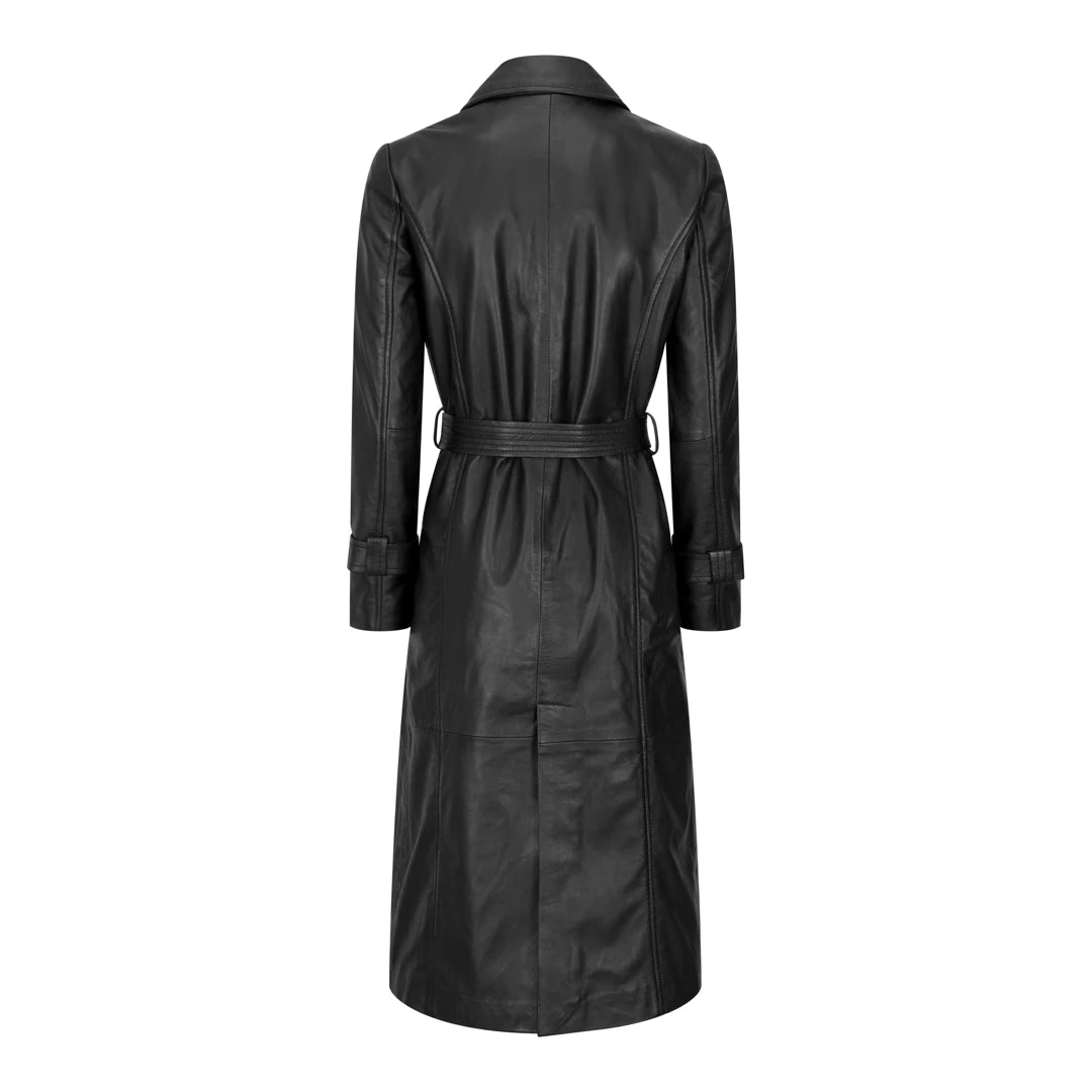 Womens Real Leather Trench Coat Mac Classic 3/4 Long Black 1980s Vintage Retro-TruClothing