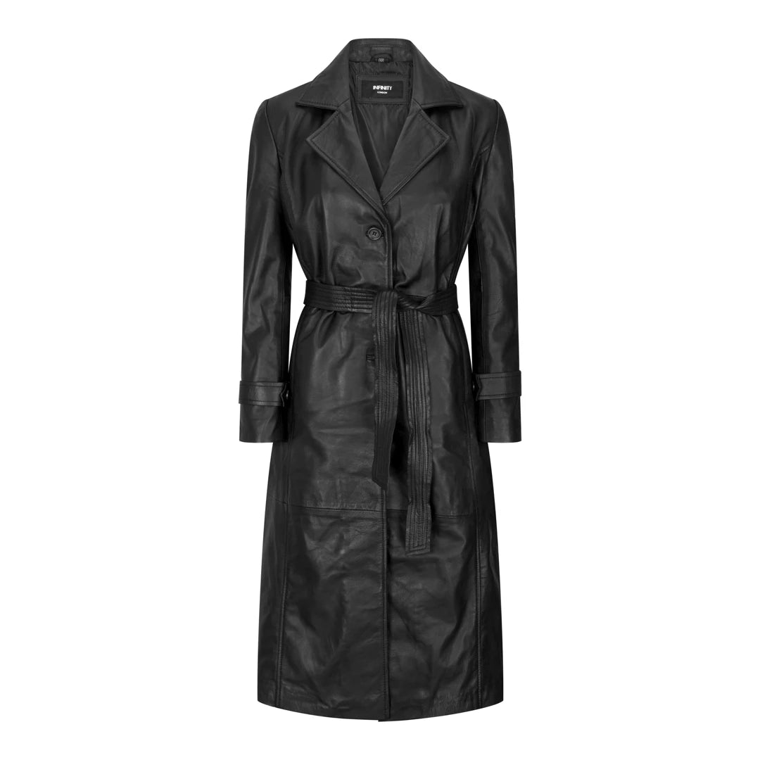 Womens Real Leather Trench Coat Mac Classic 3/4 Long Black 1980s Vintage  Retro - Black / X-Small