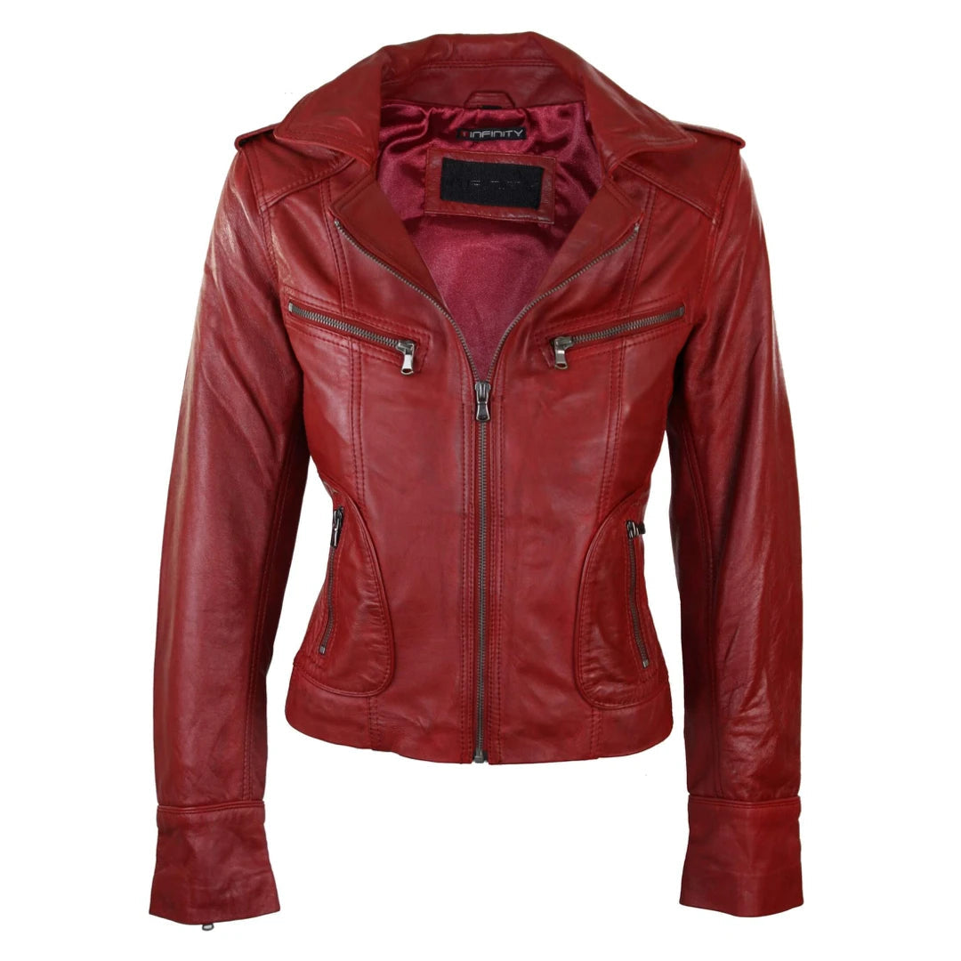 Women s Leather Biker Purple Red Jacket TruClothing