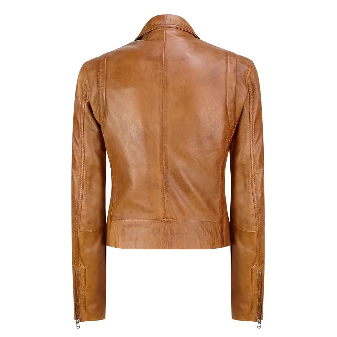 Womens Slim Fit Tan-Brown Biker Jacket-TruClothing