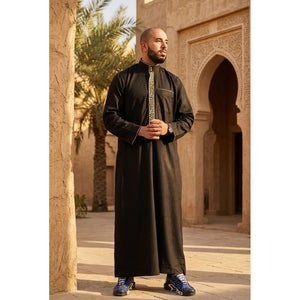 Men's Thobe Jubba Nehru Islamic Clothing Muslim Cotton Kaftan Embroidery Eid Robe-TruClothing