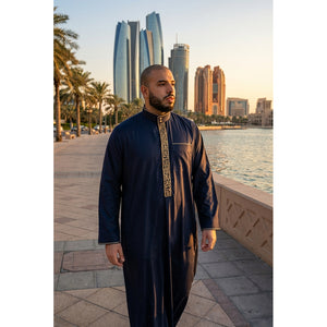 Men's Thobe Jubba Nehru Islamic Clothing Muslim Cotton Kaftan Embroidery Eid Robe-TruClothing
