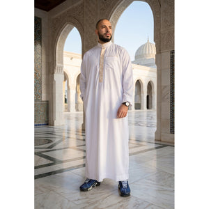 Men's Thobe Jubba Nehru Islamic Clothing Muslim Cotton Kaftan Embroidery Eid Robe-TruClothing