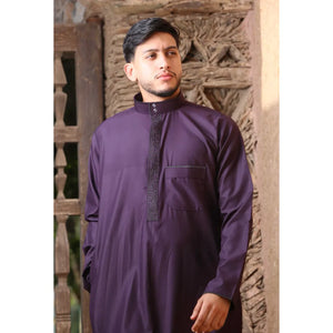 103 - Men's Purple Nehru Stand Collar Embroidery Thobe - Thobez - 3