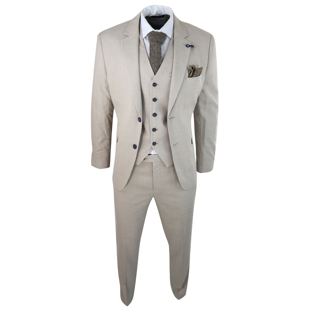 Cavani Sandon Men's 3 Piece Suit Linen Beige Cream 2 Button – TruClothing