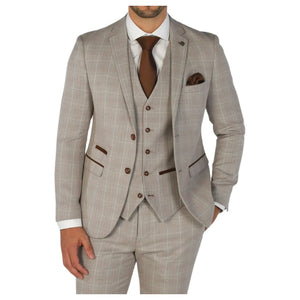 Leo - Beżowa marynarka męska Tailored Fit w kratę