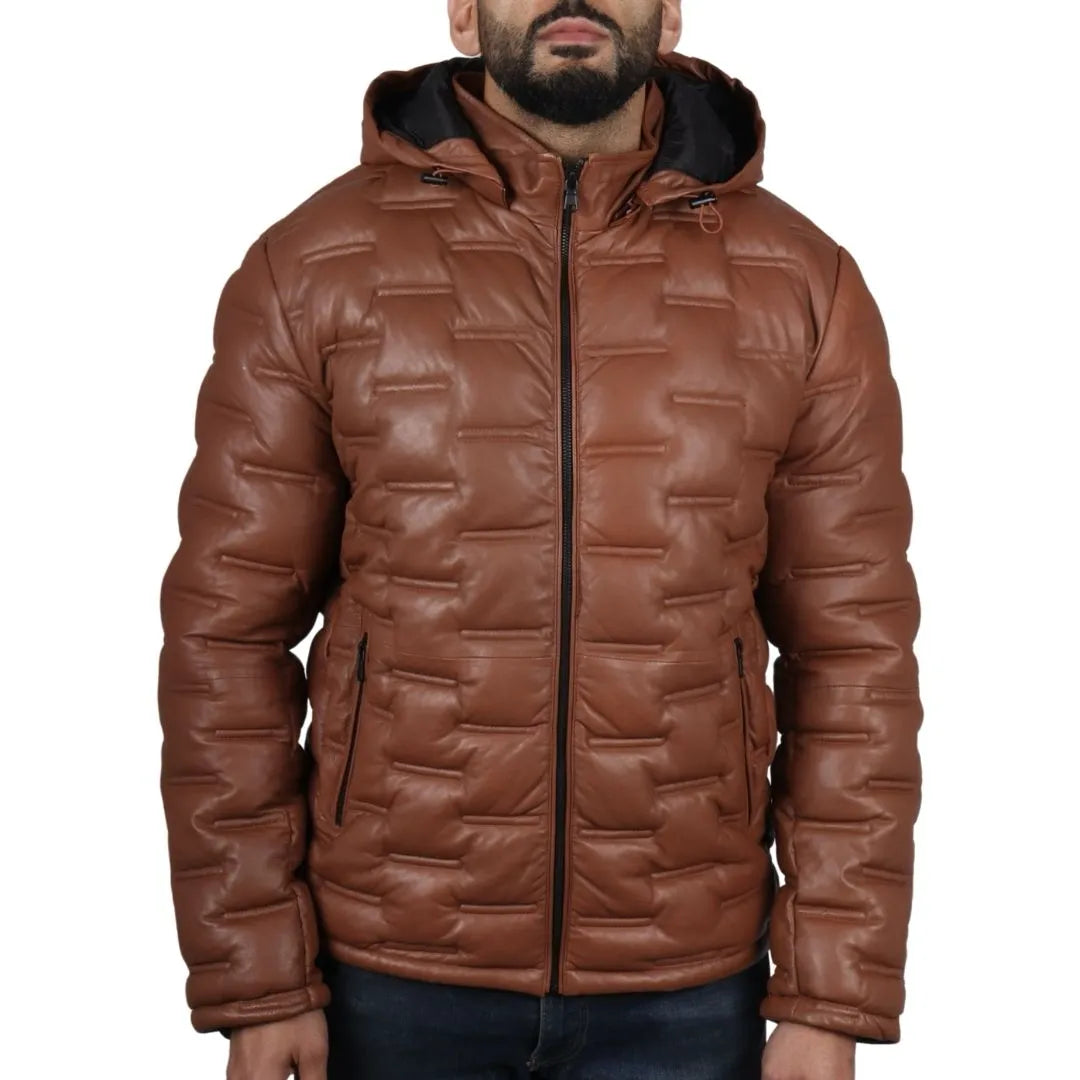 Men's Puffer Quilted Real Leather Hooded Jacket