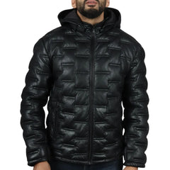 Men's Puffer Quilted Real Leather Hooded Jacket