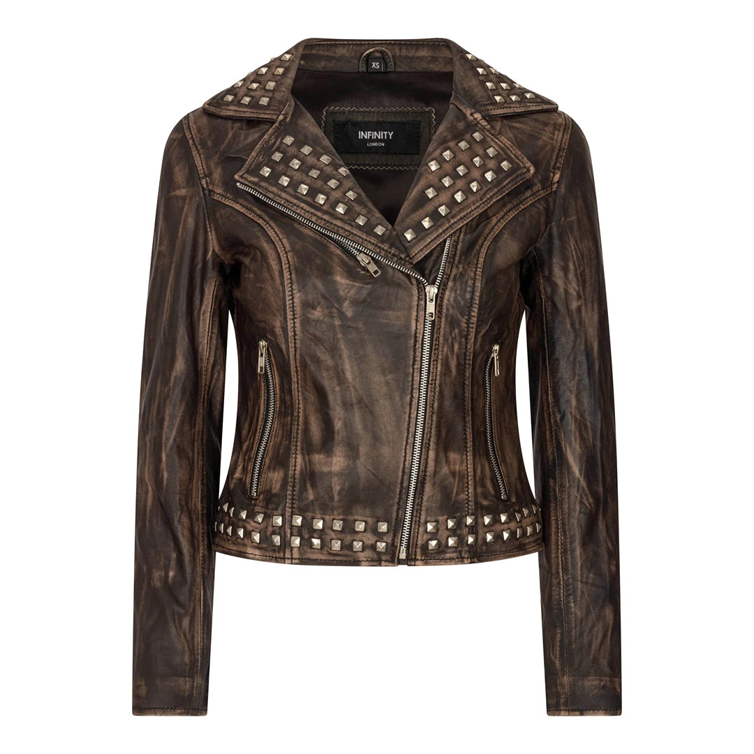 Women's Cross Zip Studded Brando Biker Leather Jacket