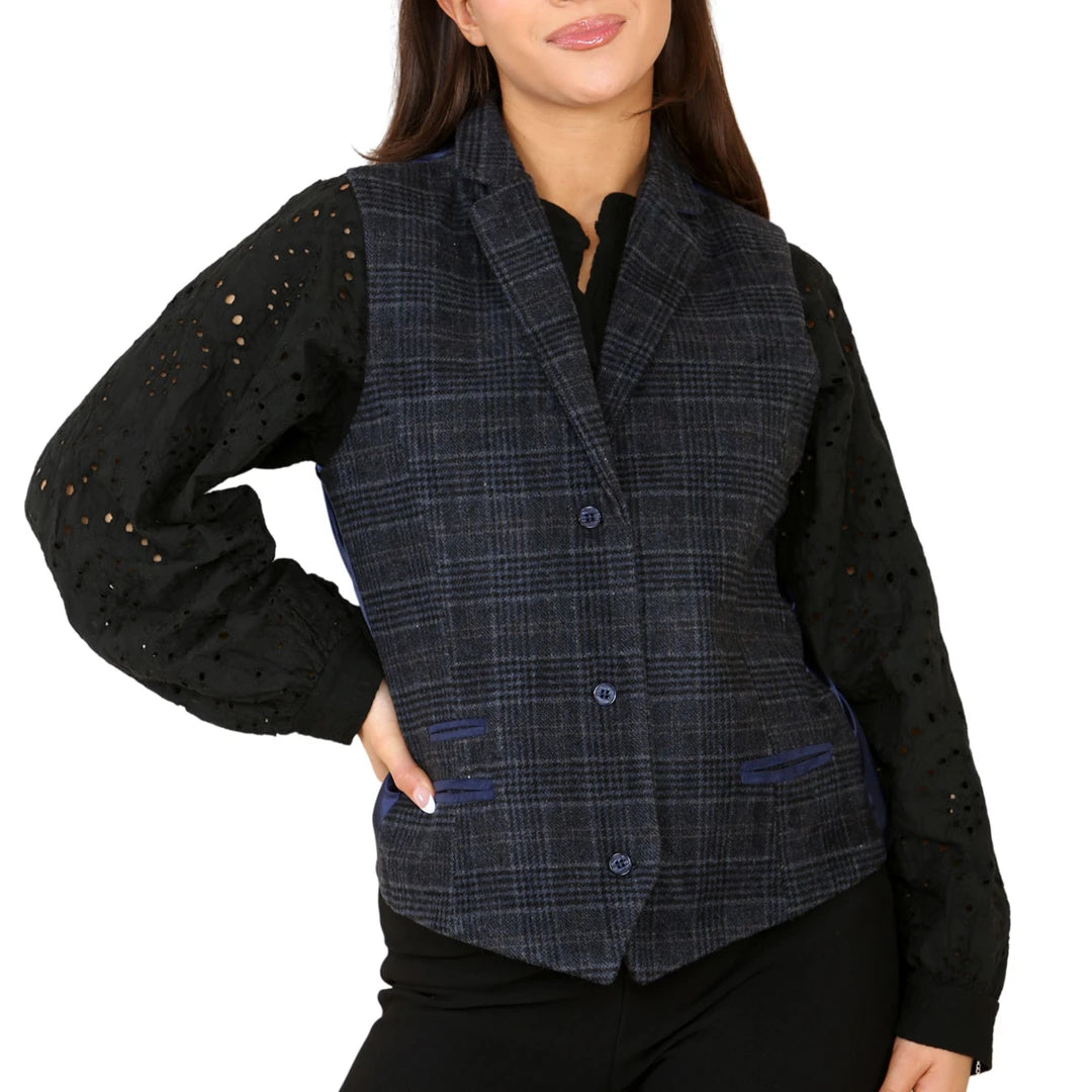Women's Tweed Check Waistcoat Blazer Blue Suit