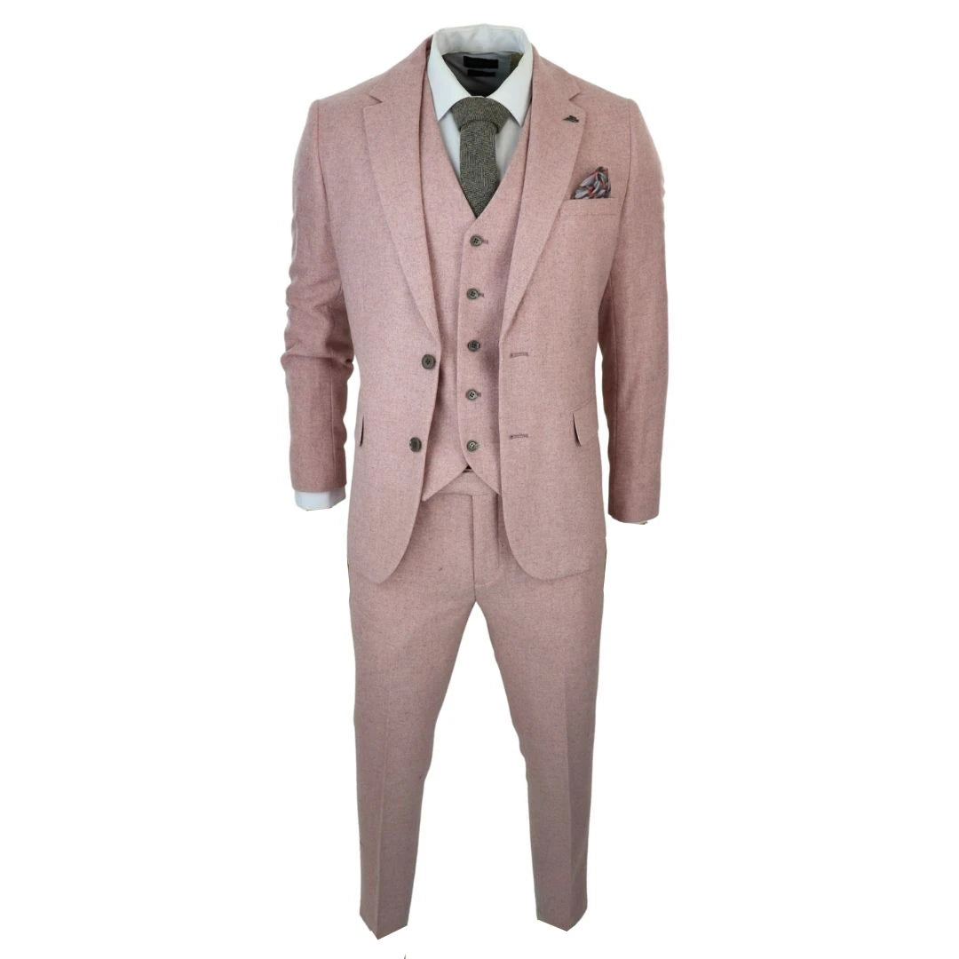 SW065522Y - Men's Pink 3 Piece Tweed Wool Suit