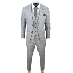 francis - Men's Grey 3 Piece Suit Tan Brown Check Velvet Trims Wedding
