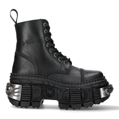 Bottines New Rock WALL083C-S4 boots unisexe cuir noir détails métalliques semelle compensée style gothique
