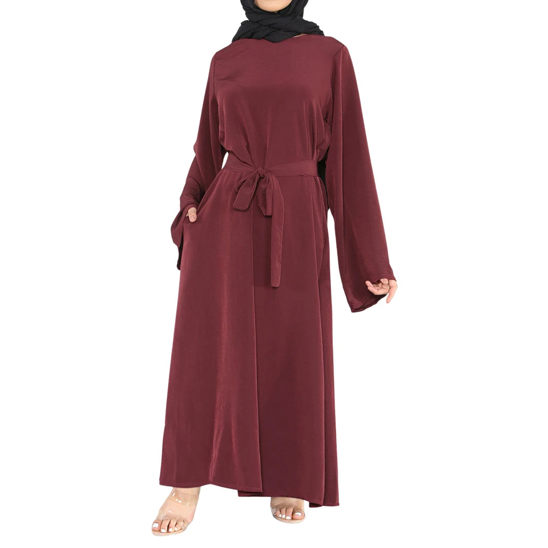 Abaya Semplice da Donna con Cintura Abito Estivo Islamico Jilbab Robe Dubai Modest