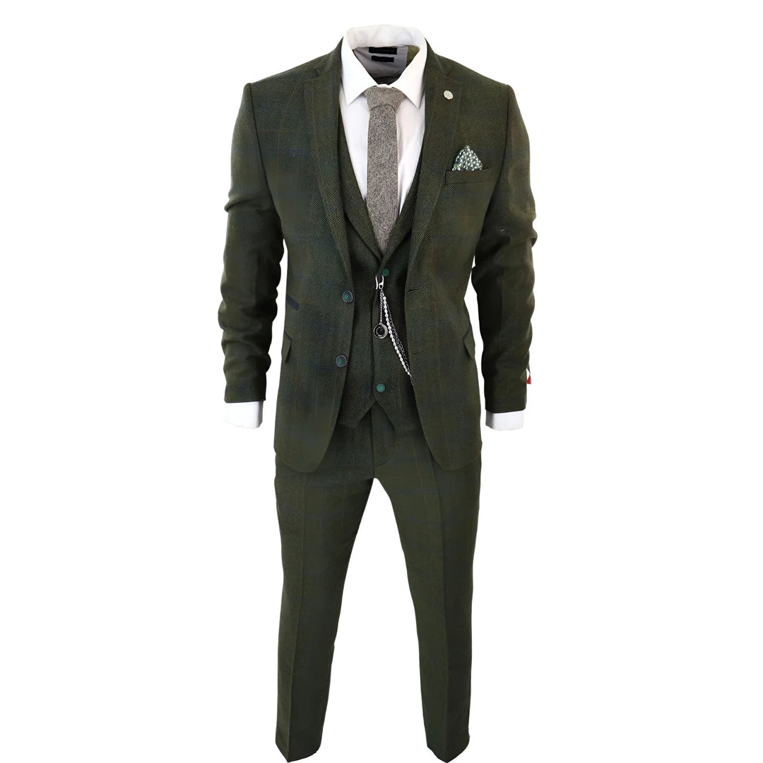 TruClothing Men's 3 Piece Suit Wool Tweed Herringbone Olive