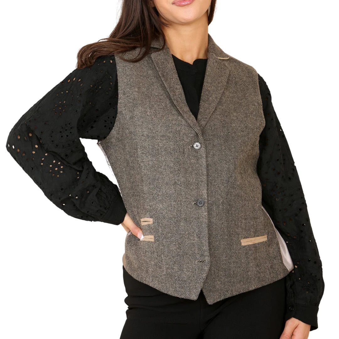 Women's Herringbone Tweed Wistcoat Blazer Oak Brown Classic Jacket
