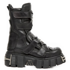 Bottines boots New Rock M-422-S1 unisexe cuir noir et détails métalliques talons compensés style gothique