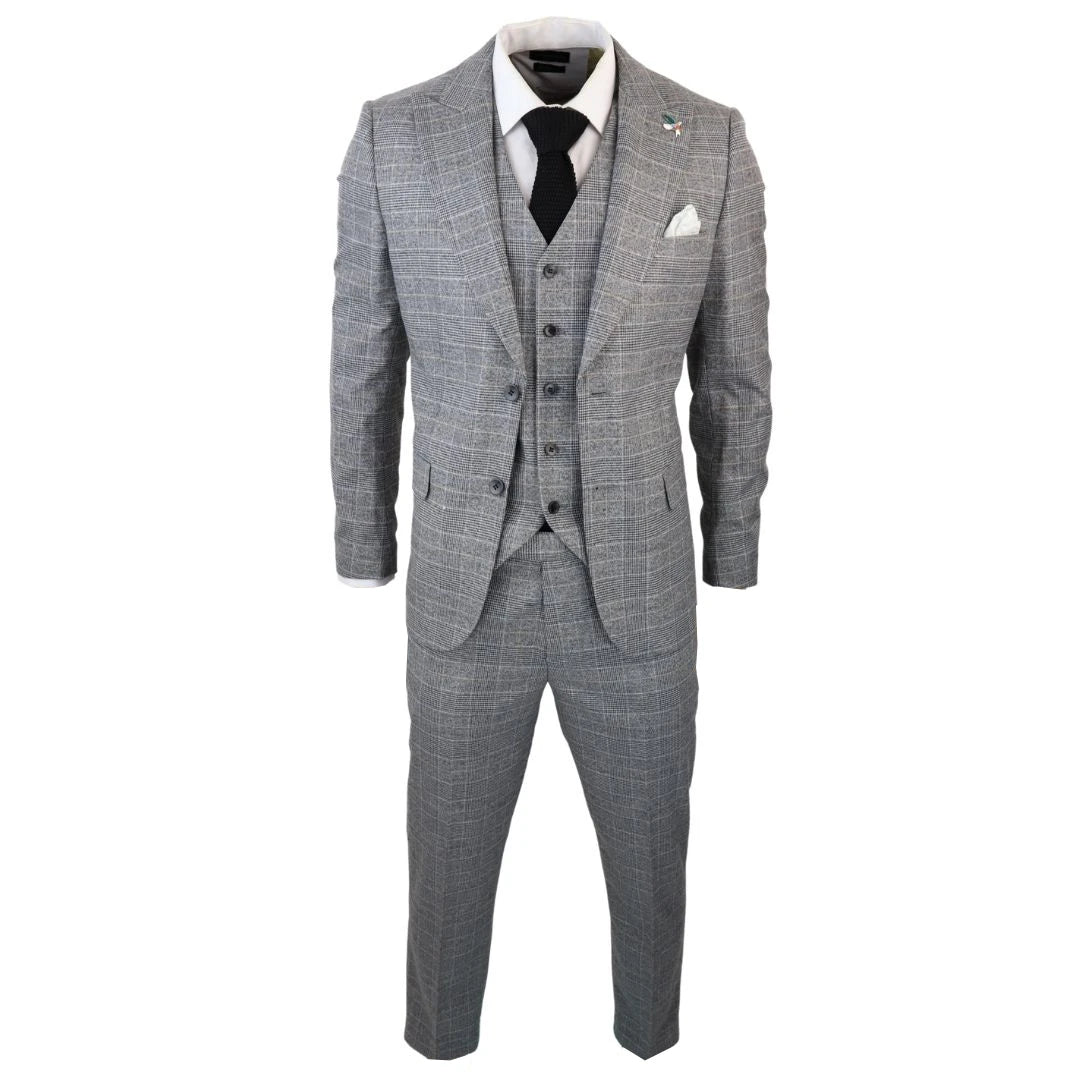 NBP12 - Men's Grey 3 Piece Prince Of Wales Check Suit
