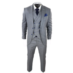 Costume 3 pièces pour homme tissu gris clair à carreaux bleus gilet double veston mariage bureau soirées