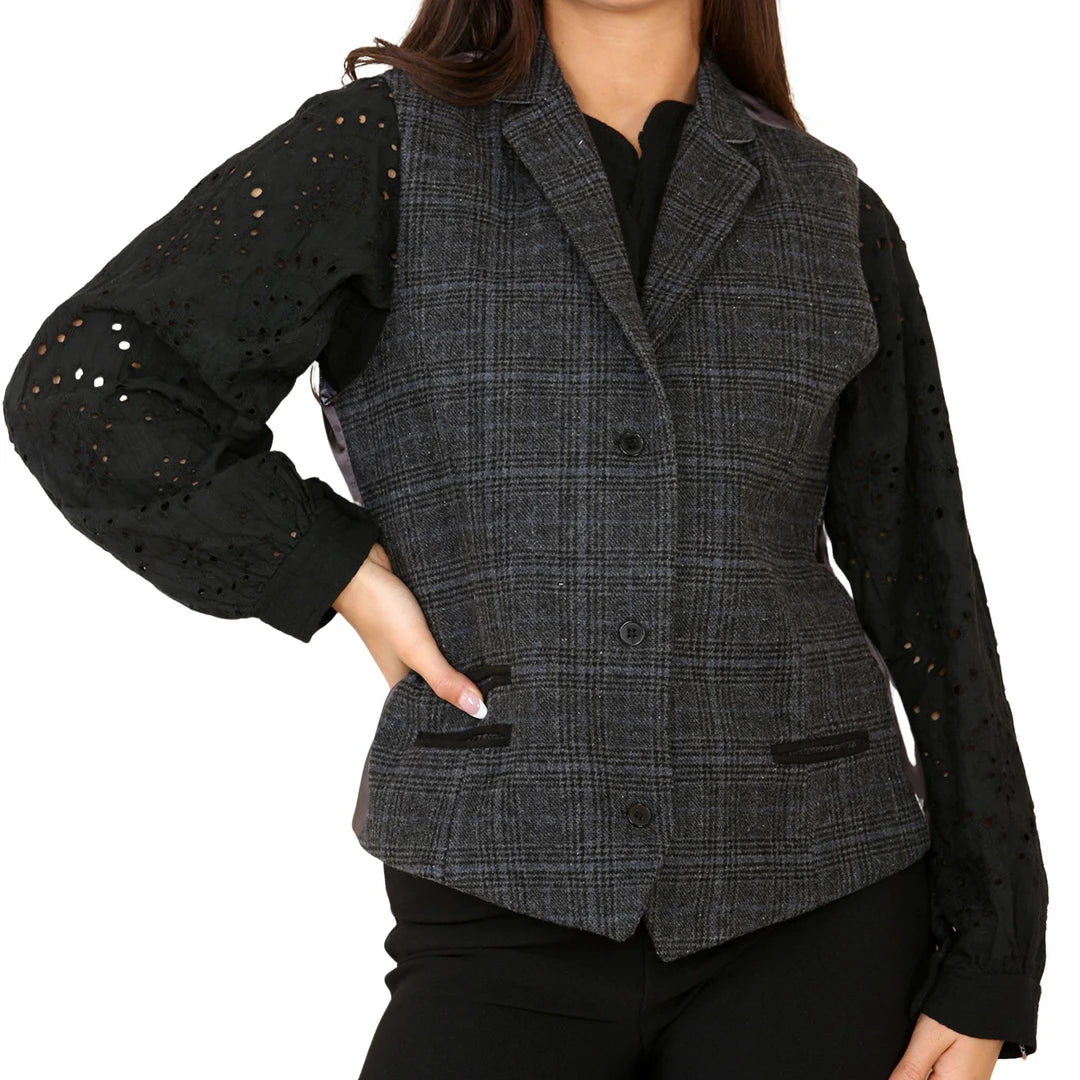 Blazer ou gilet pour femme tweed à carreaux gris style classique vintage empiècement années 20