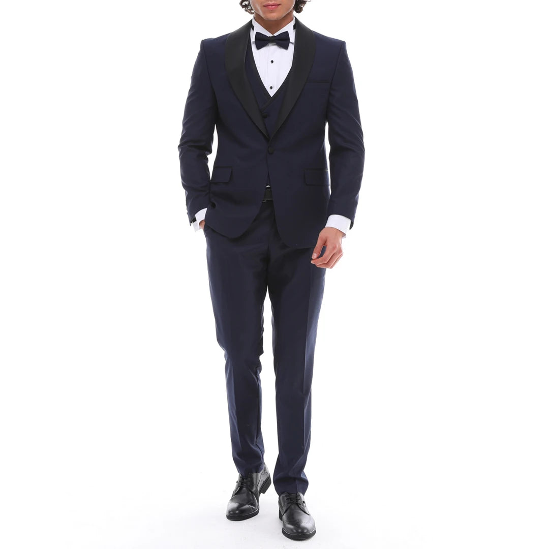 SP2303 - Men's 3 Piece Dinner Suit Double Breasted Waistcoat Shawl Round Lapel Navy