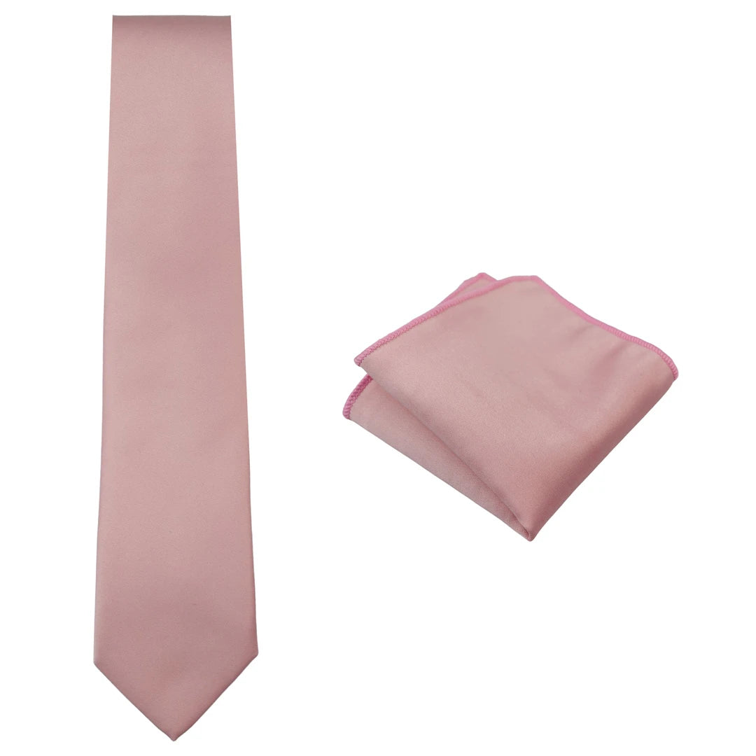 Cravatta e Fazzoletto da Taschino da Uomo in Raso di Seta Rosa Chiaro e Polveroso
