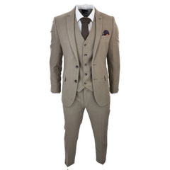 Traje de 3 piezas beige de lana tweed en espiga ideal para negocios para hombre