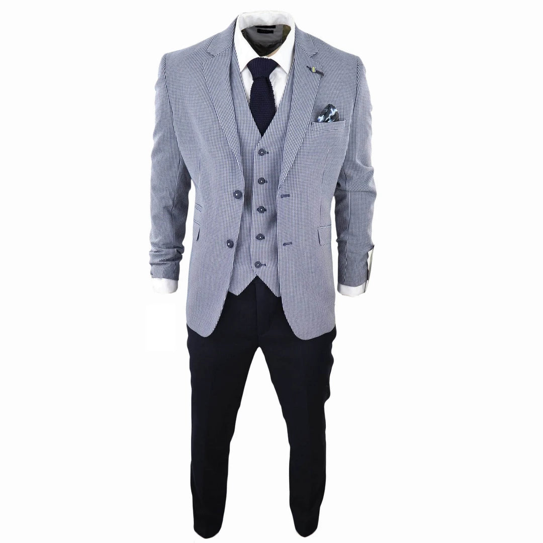 Costume gris et bleu marine 3 pièces pour homme style classique carreaux contrastés estival coupe ajustée