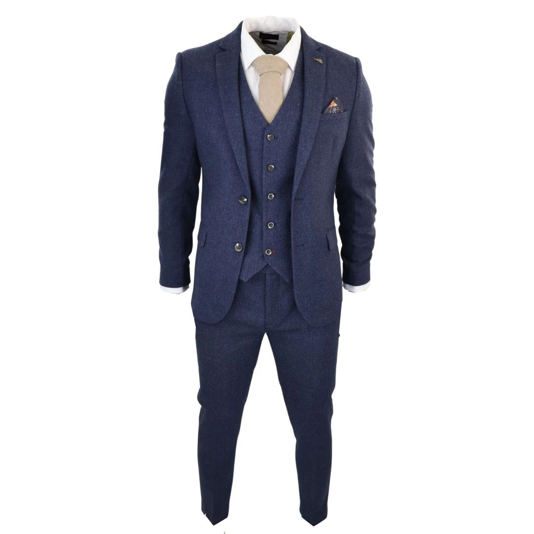 Herren Marineblau 3 Teilig Anzug Tweed Wolle Herringbone Formal Business