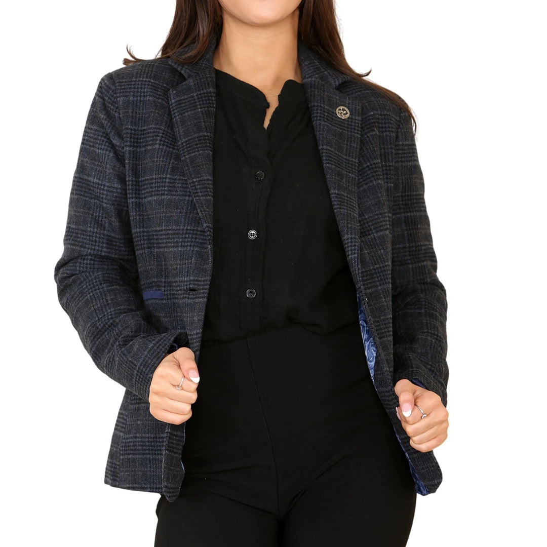 Women's Tweed Check Waistcoat Blazer Blue Suit
