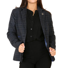 Damen Tweed Check Weste Sakko Anzug Marineblau h Vintage Ellenbogen Patche 1920s