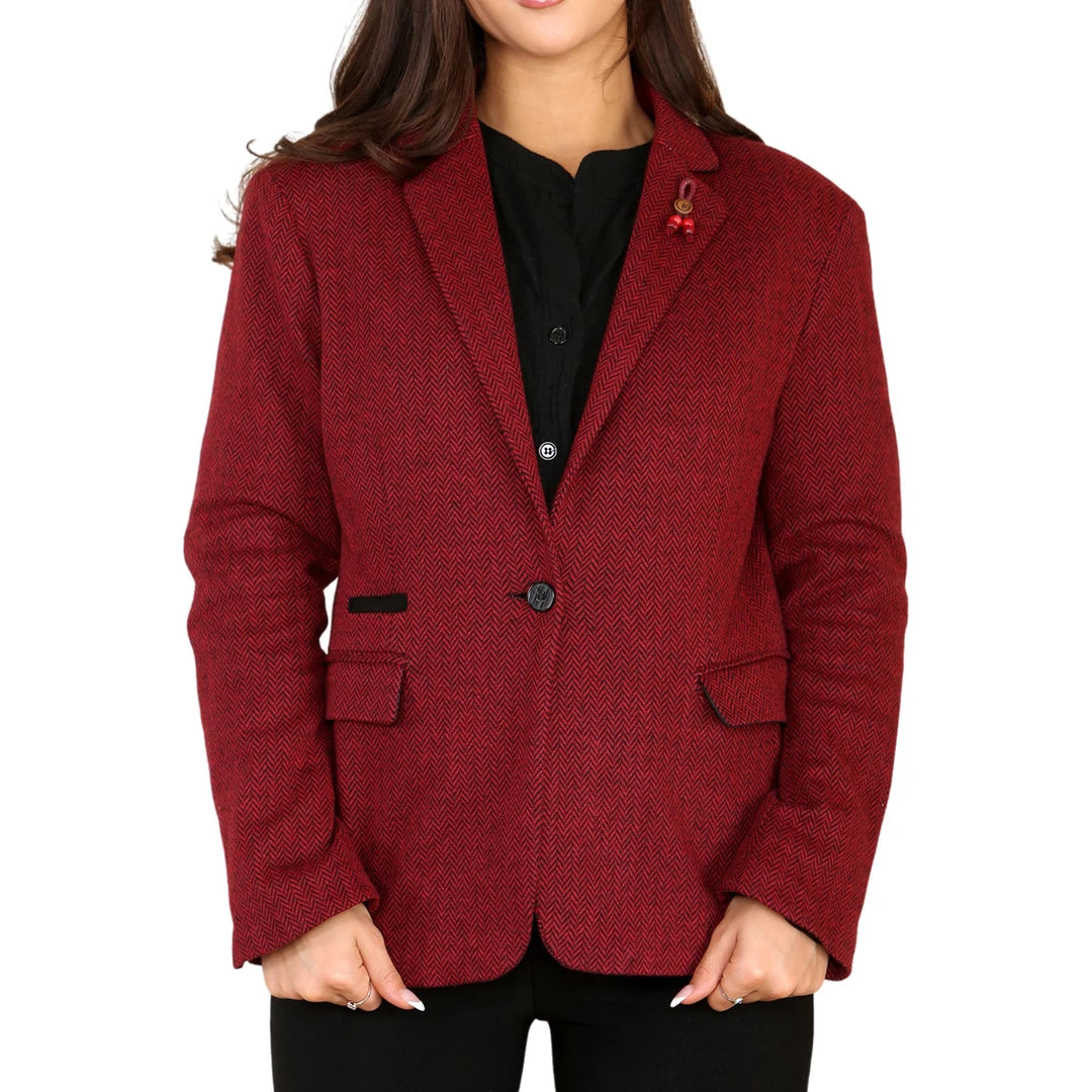 Women's Tweed Herringbone Wistcoat Blazer Jacket Wine Red Classic 1920s