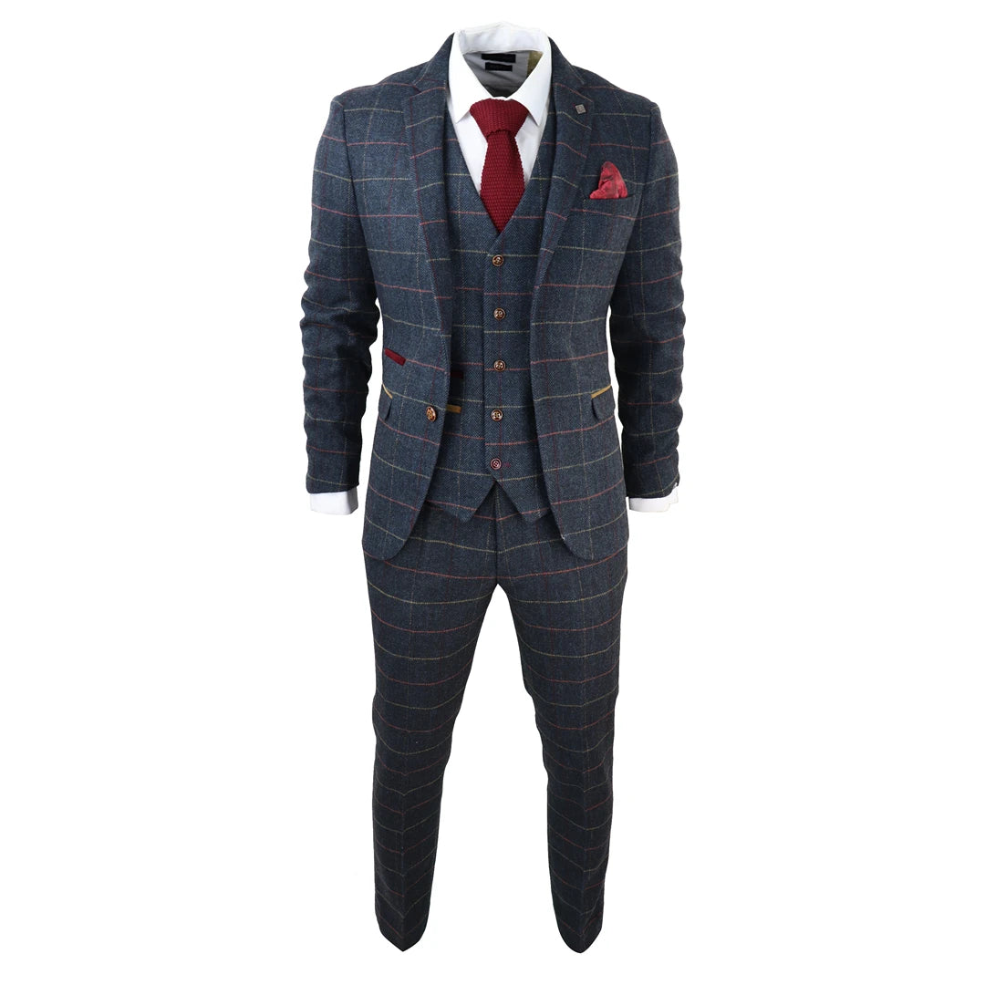 Thomas - Men's Navy 3 Piece Tweed Check Suit