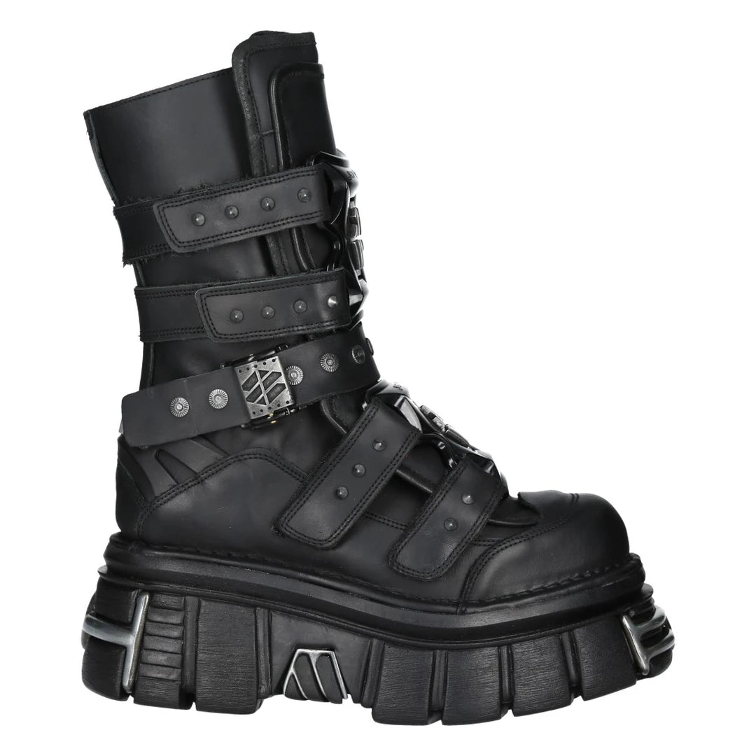 Bottes New Rock M-MET422-S1 boots unisexe cuir noir détails métalliques semelle compensée style gothique
