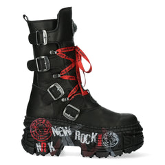 Bottes New Rock WALL0288B-C1 boots unisexe cuir noir détails métalliques semelle compensée style gothique